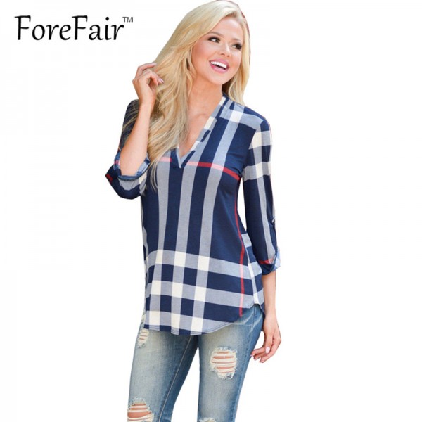 Forefair 2016 Trendy Fashion Plaid Print Womens Tops Casual Loosse Straight Blusa Three-Quarter Sleeve V-Neck Female T Shirt