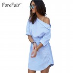 Forefair New Fashion Blue-White Striped Shirt Dress Women Spring Sexy Party Dresses Belted Bandage High Waist Dress