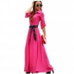 Free Shipping 2016 New Fashion Spring Autumn Bohemia Long Maxi Shirt Dress Beach Floor Length Long Sleeve Dress With Belt S-XXL