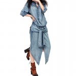 Free Shipping 2017 New Fashion Denim Dress Shirt For Women Personalized One-piece Vintage Jeans Long Mid-calf Half Sleeve Dress