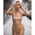 Free Shipping! 2017 New Fashion Gold Floral Beading Embellished Patchwork Club Celebrity Party Wholesale Women Bandage Dress