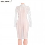 Free Shipping Kardashian New Fashion 2016 Autumn Women's Sexy Striped Mesh See Through Dresses Long Sleeve TurtleNeck Club Dress