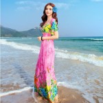 Free Shipping New Sexy Casual Women Floor-Length Beach Dress Butterfly Sleeve Print Bow V-Neck Summer Sundress