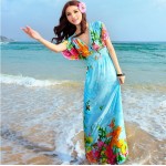 Free Shipping New Sexy Casual Women Floor-Length Beach Dress Butterfly Sleeve Print Bow V-Neck Summer Sundress