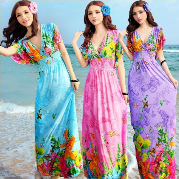 Free Shipping New Sexy Casual Women Floor-Length Beach Dress Butterfly Sleeve Print Bow V-Neck Summer Sundress