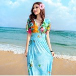 Free Shipping New Sexy Casual Women Floor-Length Beach Dress Butterfly Sleeve Print Bow V-Neck Summer Sundress