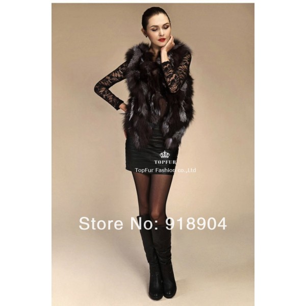 Free Shipping Women100% Genuine real natural Silver Fox Fur warm coat Vest Gilet Waistcoat vest