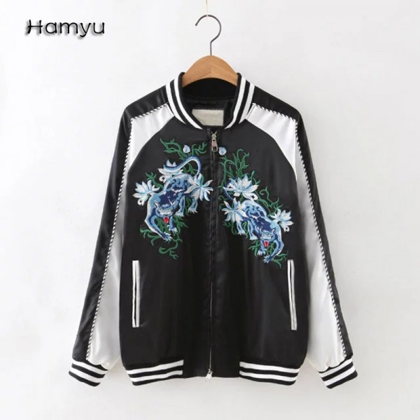 Free shipping new arrival American casual style leopard pattern embroidered veste femme longue bomber jacket women coat 