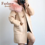 Furlove New Winter Wool Coat Women 2016 Large Real Raccoon Fur Collar Hooded Trench Casual Long Outerwear Ladies Coats Jackets