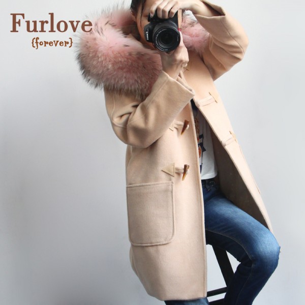 Furlove New Winter Wool Coat Women 2016 Large Real Raccoon Fur Collar Hooded Trench Casual Long Outerwear Ladies Coats Jackets