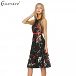 GAMISS Retro Flower Pattern Dress For Women Sleeveless Slim A Line Midi Belt Dresses Party Banquet Female Vestidos