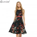 GAMISS Retro Flower Pattern Dress For Women Sleeveless Slim A Line Midi Belt Dresses Party Banquet Female Vestidos