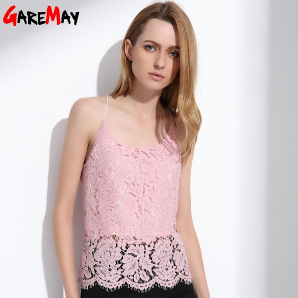 GAREMAY Lace Cami Women Summer Tops Elegant White Strapless Camisole Hollow Solid Pink Halter Fashion Sexy Blusa For Women 1085