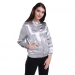 GCARO 2017 Women Silver Bright Jacket With Lining High Quality Smooth Soft Cropped Coat New Early Spring Plus Size XL Outwear 