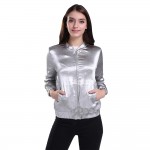 GCARO 2017 Women Silver Bright Jacket With Lining High Quality Smooth Soft Cropped Coat New Early Spring Plus Size XL Outwear 