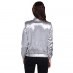 GCARO 2017 Women Silver Bright Jacket With Lining High Quality Smooth Soft Cropped Coat New Early Spring Plus Size XL Outwear 