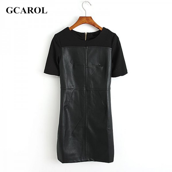 GCAROL Women New Arrival Faux Leather Spliced Dresses Stretch Sexy Mini Bodycon Dresses Girl's Club Slim Trendy Dress