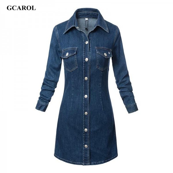 GCAROL Women New Arrival Single-Breasted Button Denim Dress Fashion Slim Jeans Dress Two Pockets Plus Size XL Sexy Dress