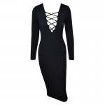 GD161 S-XXL Women Long Sleeve Autumn Dress Sexy Tie Up Club Dress Lace Up Pencil Midi Bodycon Vestidos Cross Bandage Dresses New