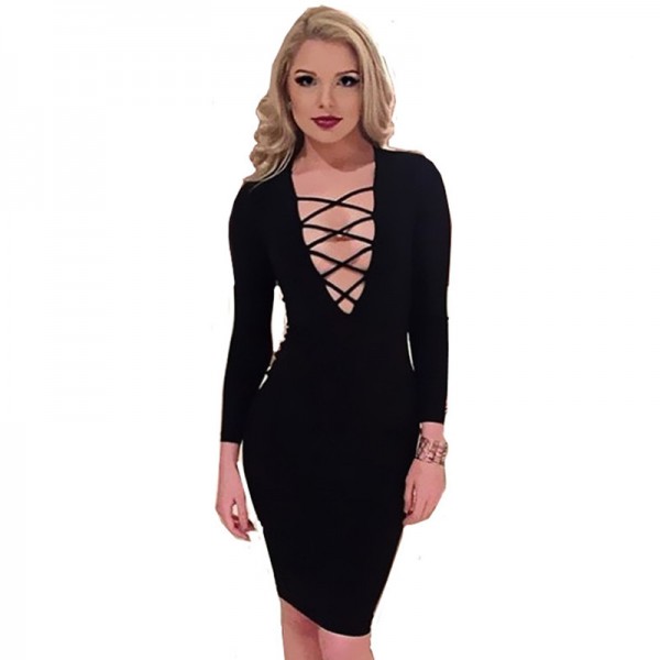 GD161 S-XXL Women Long Sleeve Autumn Dress Sexy Tie Up Club Dress Lace Up Pencil Midi Bodycon Vestidos Cross Bandage Dresses New