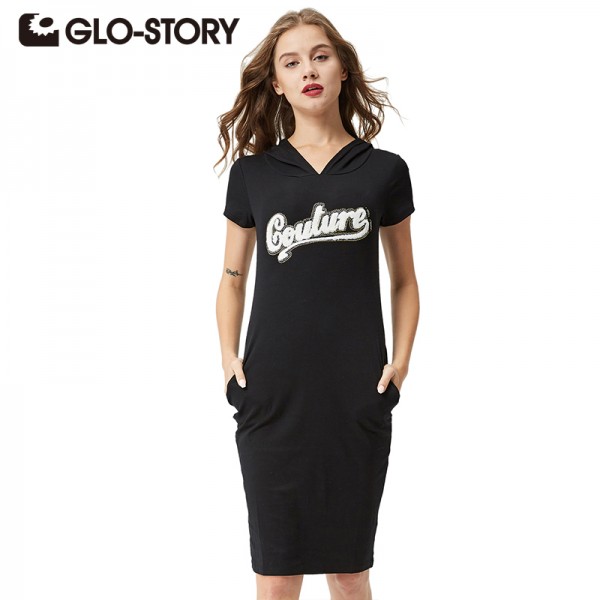 GLO-STORY 2017 Women casual Dress cotton Short Sleeve Print Letter Summer Dresses black hoodies Bodycon Dress elbise WYQ-1800