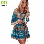 GOPLUS Elegant Floral Printed Dress Women Boho V Neck Sexy Mini Dress Vintage Loose Lace Up Beach Dresses Flare Sleeve Vestidos