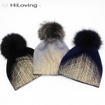 GZHilovingL Soft Warm Winter Beanie Gold Metallic With Fur Pompom Caps Cool Wool Thick Winter Fur Hats For Womens Ladies Gilrs 