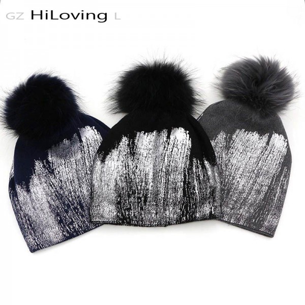 GZHilovingL Soft Warm Winter Beanie Gold Metallic With Fur Pompom Caps Cool Wool Thick Winter Fur Hats For Womens Ladies Gilrs 