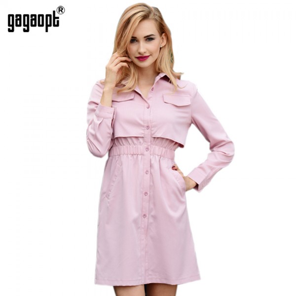 Gagaopt 2017 New Arrivals Autumn Dress Women False Pocket Shirt Dress Tunic Office Dress Robe Vestidos