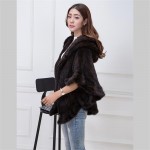 Genuine Mink Knit Jacket Women's Cloak Flounced V-Neck Hooded Jacket Fur Coat Fur Free Shipping