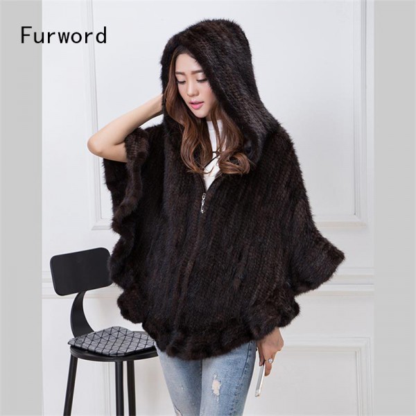 Genuine Mink Knit Jacket Women's Cloak Flounced V-Neck Hooded Jacket Fur Coat Fur Free Shipping