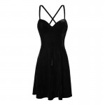 Girls Cute A-Line Solid Sleeveless Spaghetti Strap Empire O Neck Spring Black Color Above Knee Draped Mini Dress For Women