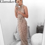 Glamaker Sexy high neck sleeveless summer dress 2016 new women fashion sequin dress Elegant party long dress vestidos de fiesta