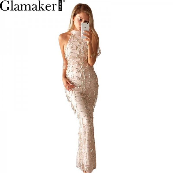 Glamaker Sexy high neck sleeveless summer dress 2016 new women fashion sequin dress Elegant party long dress vestidos de fiesta