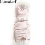 Glamaker Summer elegant asymmetrical short dress women Sexy crop top satin dress two-piece suit Fitness party dress vestidos