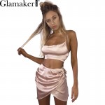 Glamaker Summer elegant asymmetrical short dress women Sexy crop top satin dress two-piece suit Fitness party dress vestidos