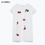 Glorria Girls Women Print Short Sleeve Super Mini Dresses Summer Style Casual Fashion O-Neck Straight White Stretch Dress