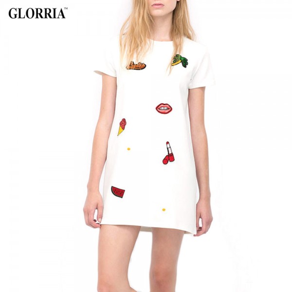 Glorria Girls Women Print Short Sleeve Super Mini Dresses Summer Style Casual Fashion O-Neck Straight White Stretch Dress