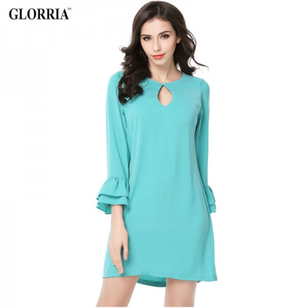 Glorria Women Elegant Straight Short Dress Ukraine 2017 Summer Petal Sleeve Clothing Casual Fashion Beach Office Green Vestidos