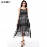 Glorria Women Lace Loose Long Suspender Dress 2017 Summer Sundress Lady Double Layer Dress Boho Beach Casual Sexy Black Vestidos