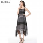 Glorria Women Lace Loose Long Suspender Dress 2017 Summer Sundress Lady Double Layer Dress Boho Beach Casual Sexy Black Vestidos