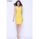 Glorria Women Lady Summer Elegant Casual Fashion Work Business Party Dresses O-Neck Sleeveless Sheath Pencil Fitted Yellow Dress