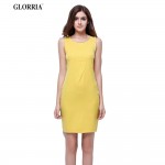 Glorria Women Lady Summer Elegant Casual Fashion Work Business Party Dresses O-Neck Sleeveless Sheath Pencil Fitted Yellow Dress