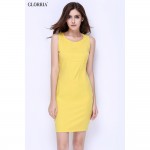 Glorria Women Lady Summer Elegant Casual Fashion Work Business Party Dresses O-Neck Sleeveless Sheath Pencil Fitted Yellow Dress