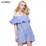 Glorria Women Loose Design White Blue Striped Off the Shoulder Ruffled Mini Dress Casual Fashion Sexy Dresses