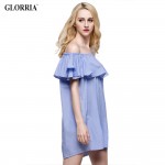 Glorria Women Loose Design White Blue Striped Off the Shoulder Ruffled Mini Dress Casual Fashion Sexy Dresses