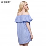 Glorria Women Loose Design White Blue Striped Off the Shoulder Ruffled Mini Dress Casual Fashion Sexy Dresses