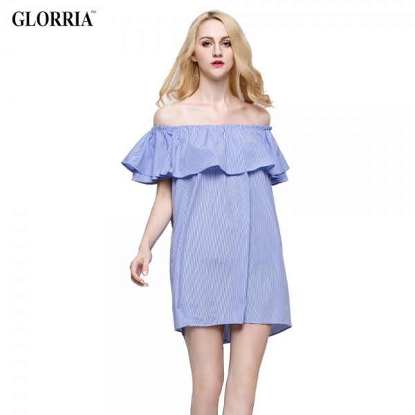 Glorria Women Loose Design White Blue Striped Off the Shoulder Ruffled Mini Dress Casual Fashion Sexy Dresses