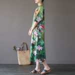 Green Lotus flower Print O-neck Women Long Dress Vintage Chinese style Loose Casual Summer Dress Plus size Cute Robe Femme A082