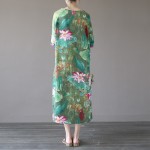 Green Lotus flower Print O-neck Women Long Dress Vintage Chinese style Loose Casual Summer Dress Plus size Cute Robe Femme A082